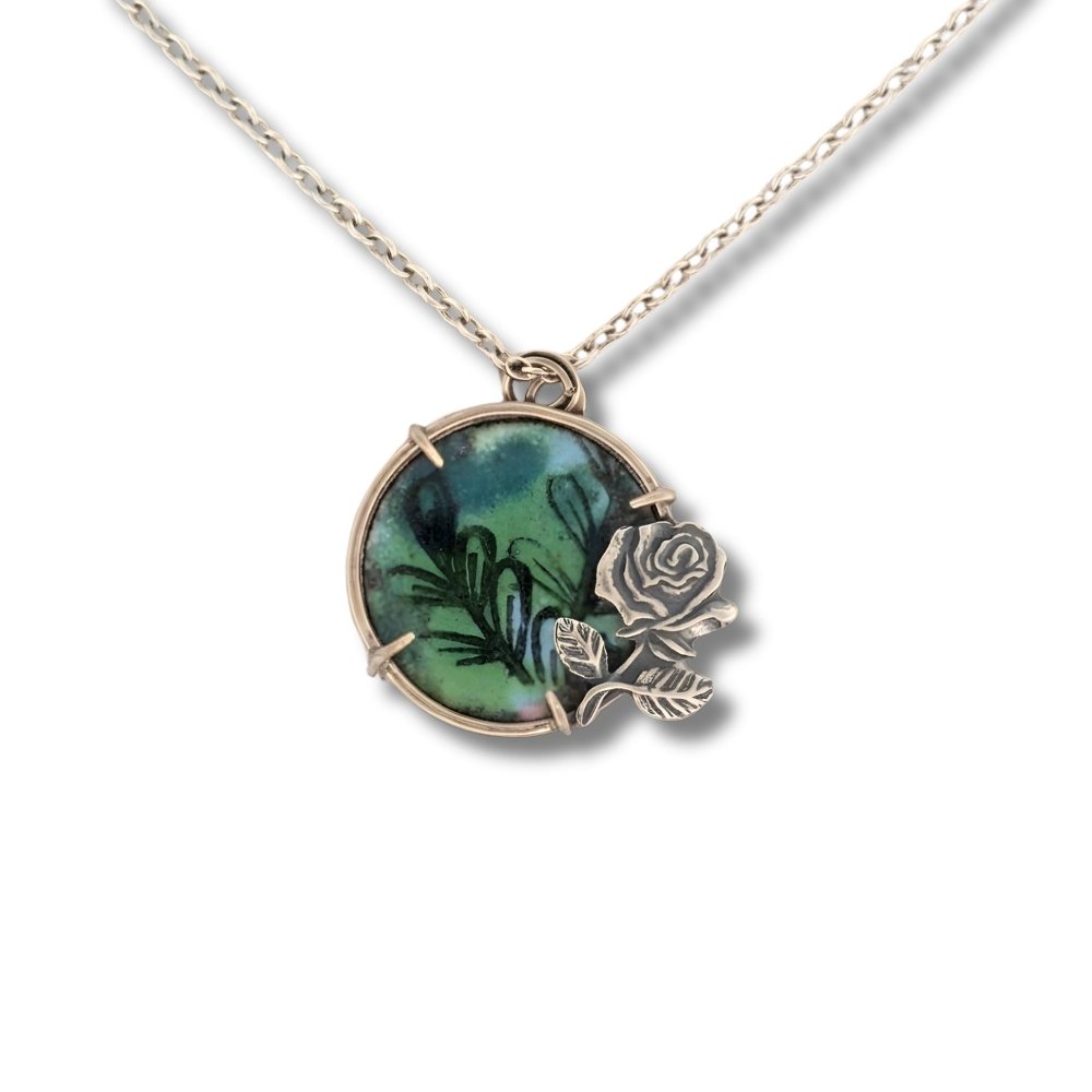 Hand - Painted Rose Leaf Enamel Silver Rose Pendant Necklace - 