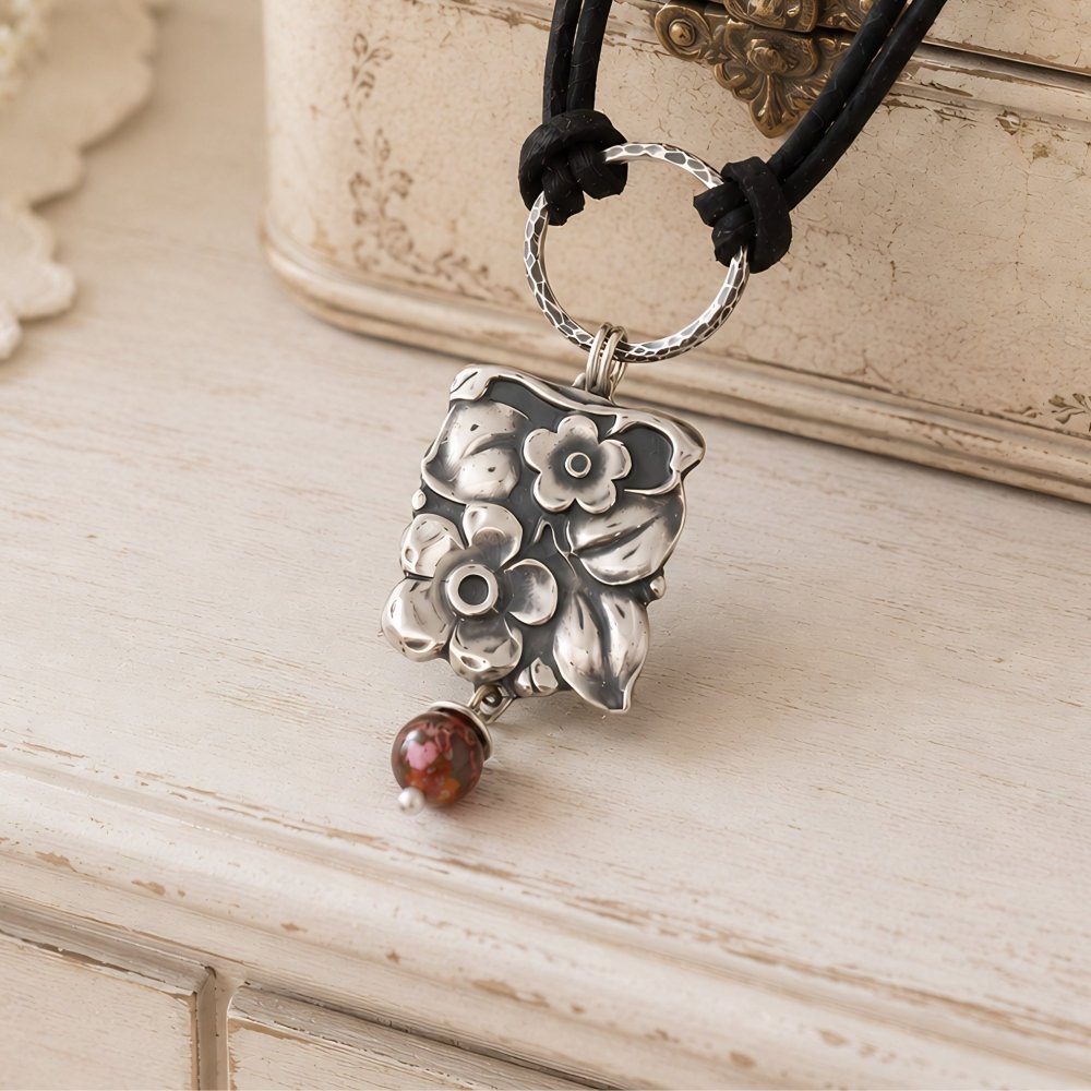 Handmade Silver Necklace – Boho Floral Charm with Jasper Stone - 