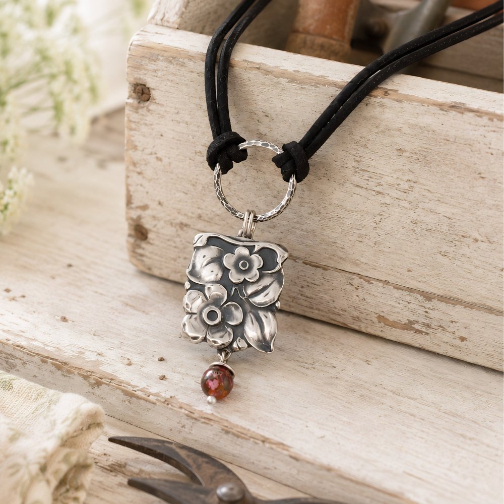 Handmade Silver Necklace – Boho Floral Charm with Jasper Stone - 