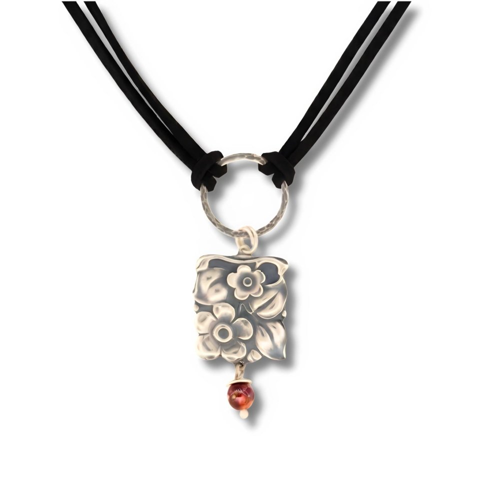 Handmade Silver Necklace – Boho Floral Charm with Jasper Stone - 