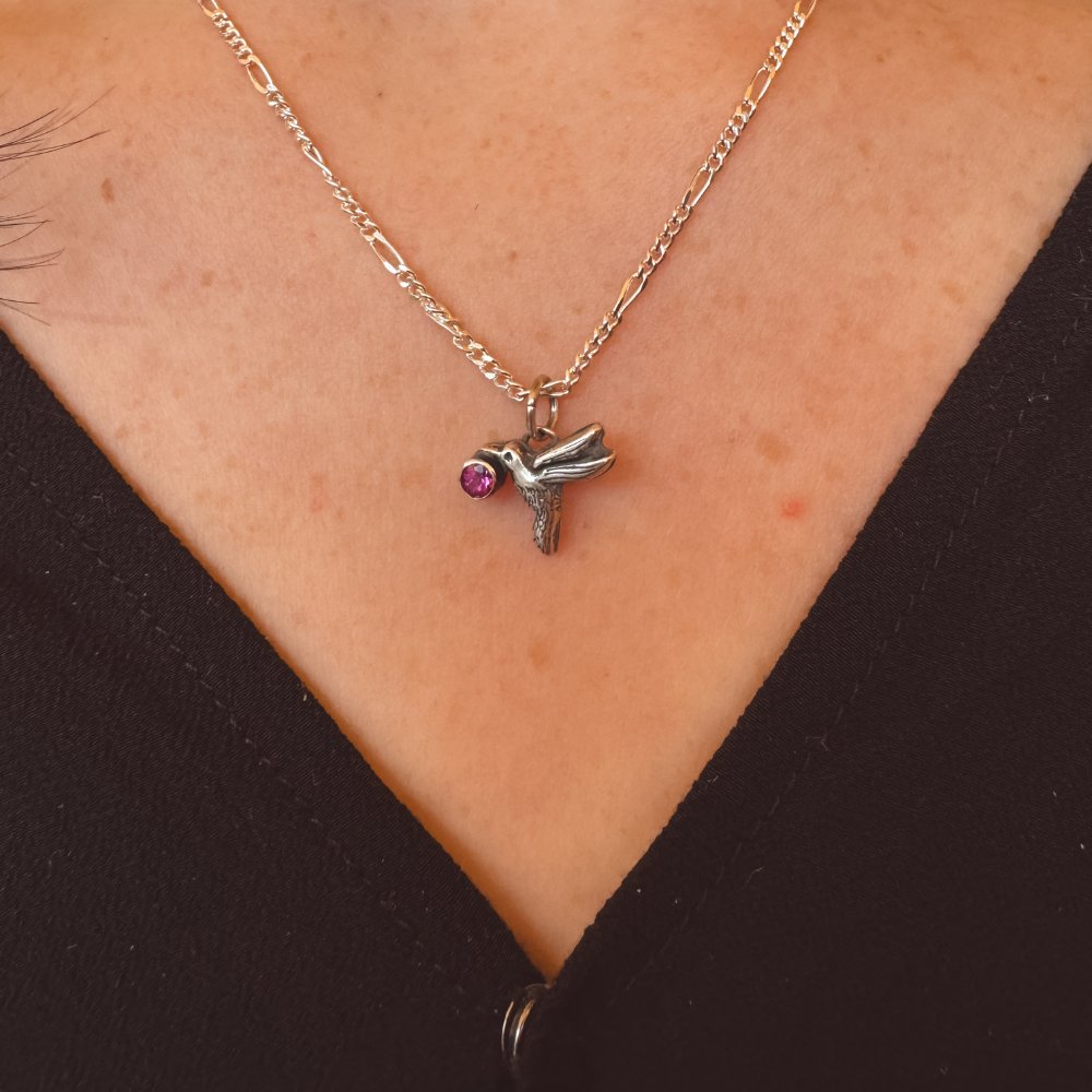 Hummingbird Garnet Silver Charm Necklace -