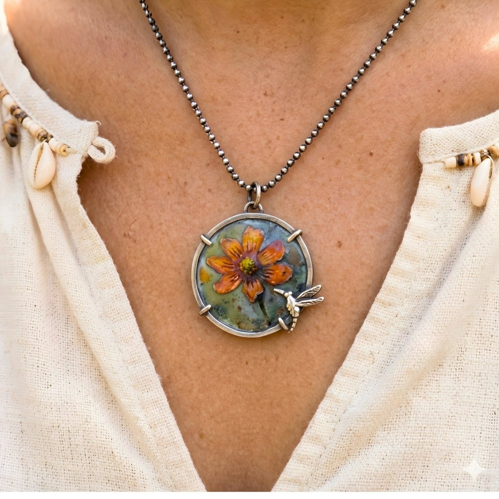 Hummingbird Necklace – Orange Flower Enamel Artisan Handcrafted Sterling Silver - 