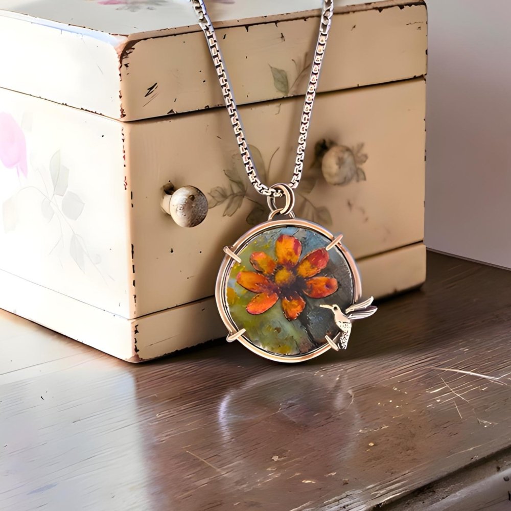 Hummingbird Necklace – Orange Flower Enamel Artisan Handcrafted Sterling Silver - 