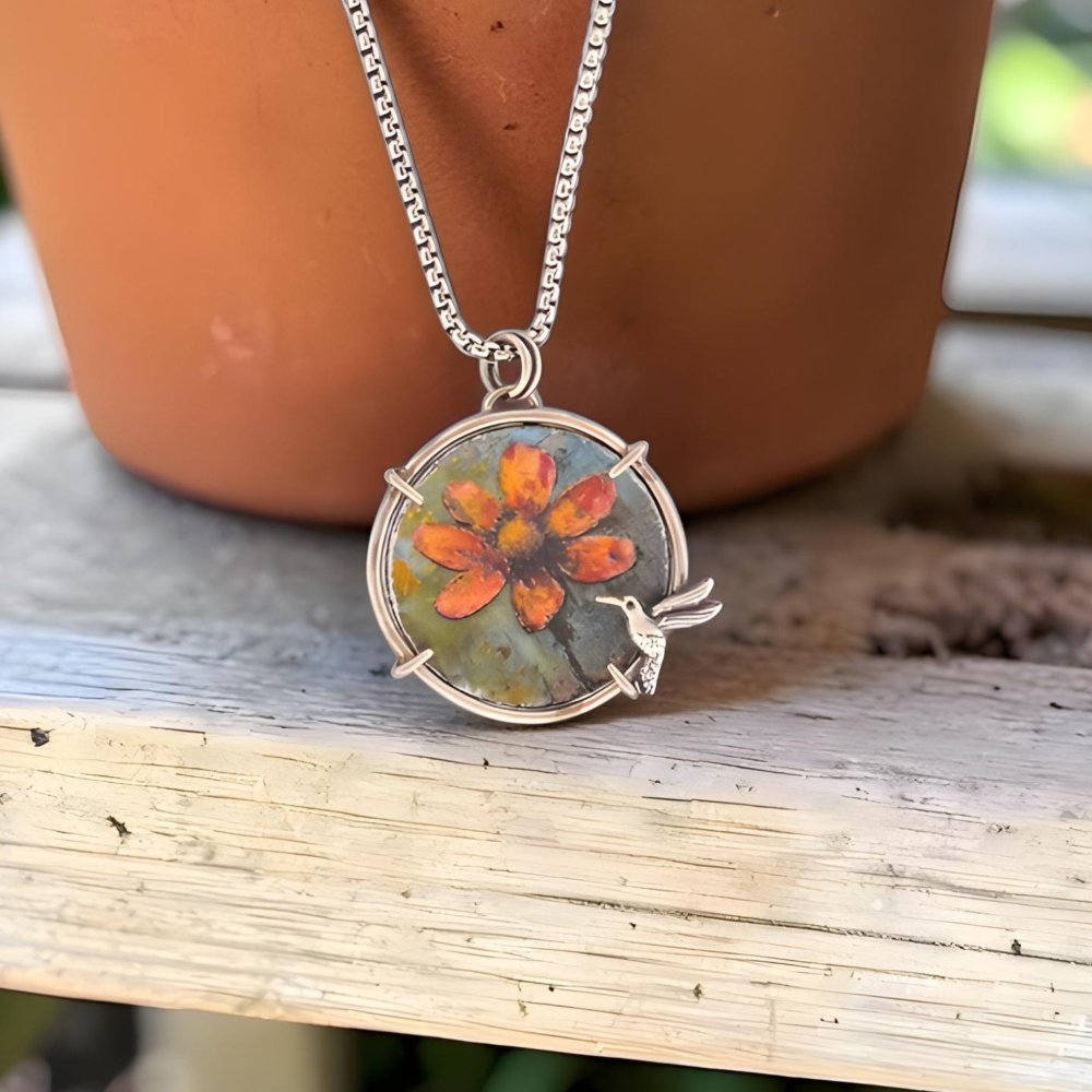 Hummingbird Necklace – Orange Flower Enamel Artisan Handcrafted Sterling Silver - 
