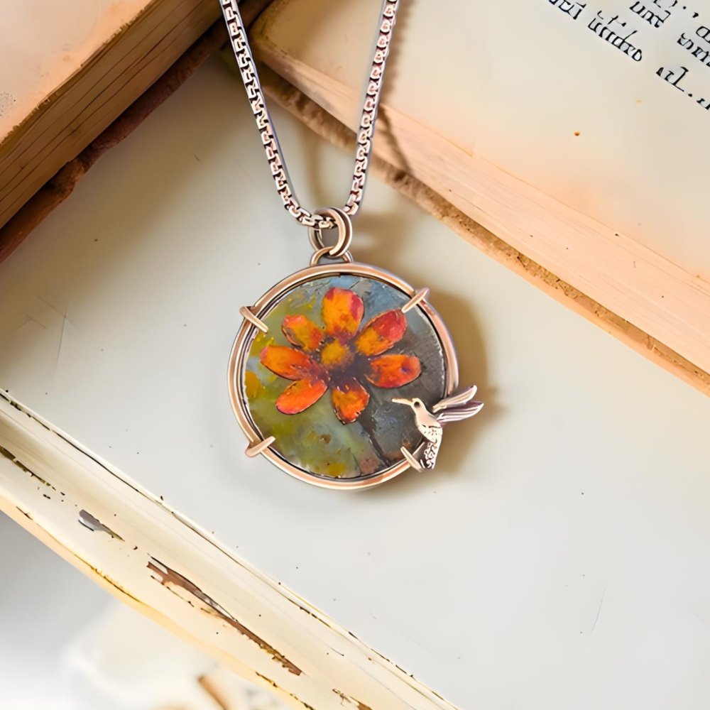 Hummingbird Necklace – Orange Flower Enamel Artisan Handcrafted Sterling Silver - 