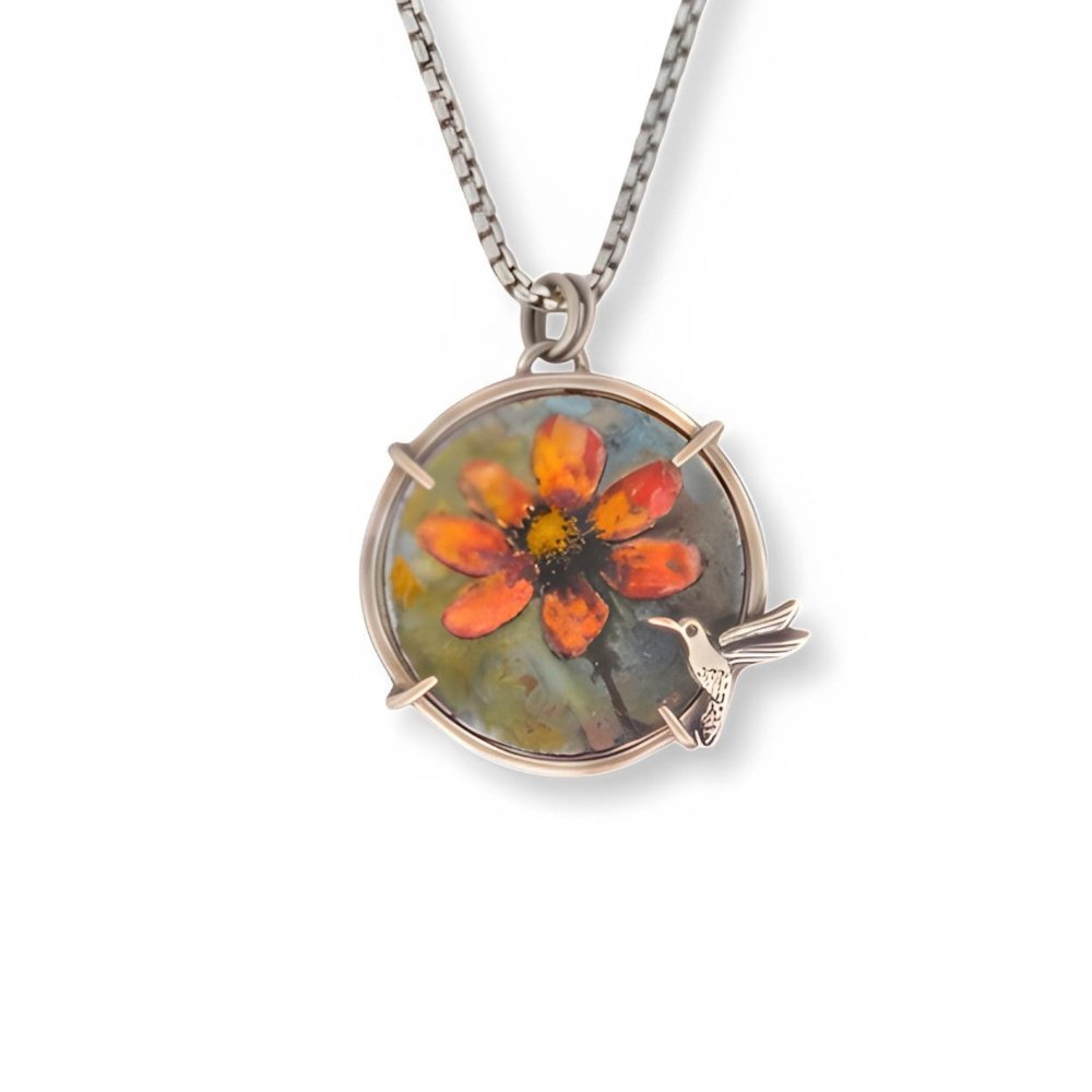 Hummingbird Necklace – Orange Flower Enamel Artisan Handcrafted Sterling Silver - 