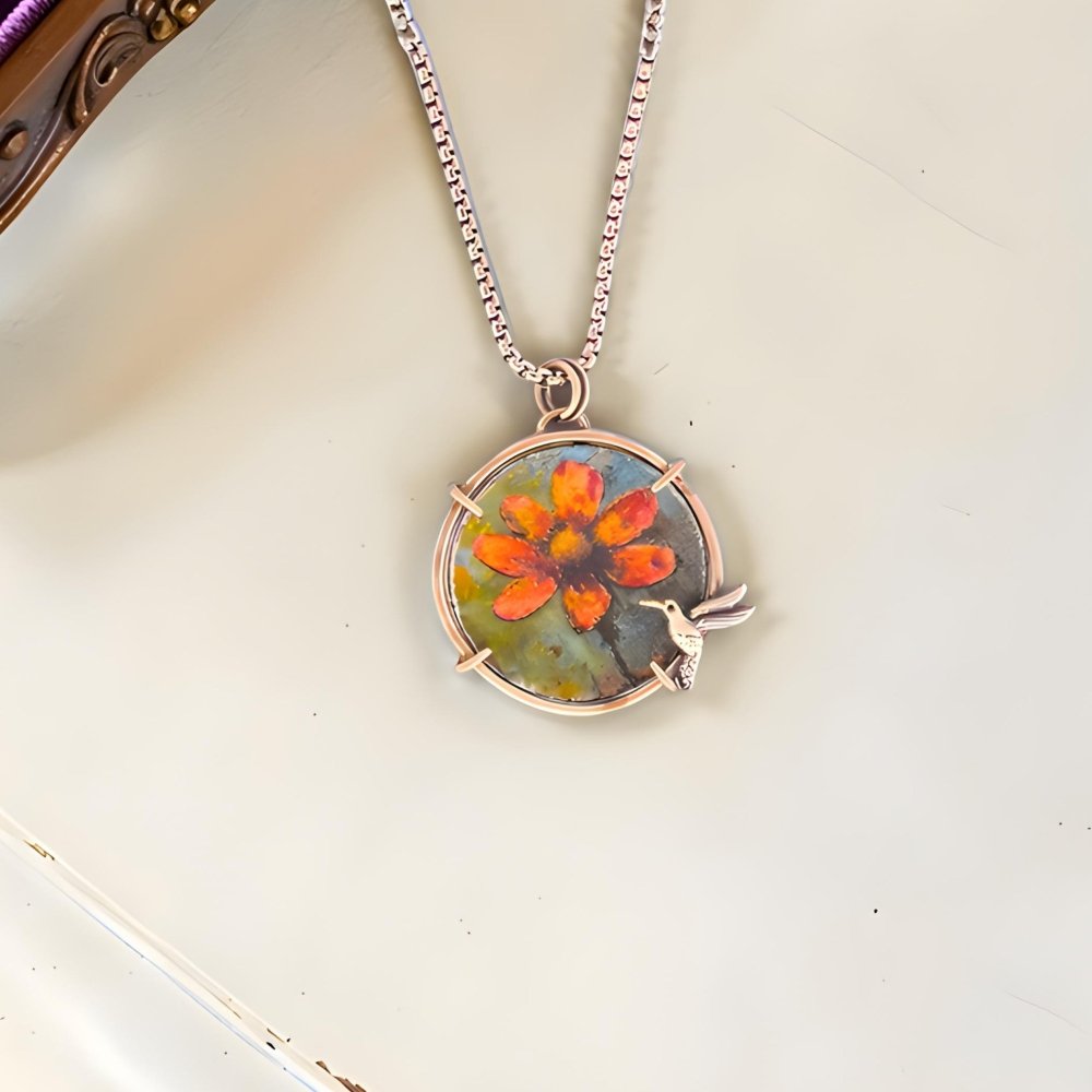 Hummingbird Necklace – Orange Flower Enamel Artisan Handcrafted Sterling Silver - 