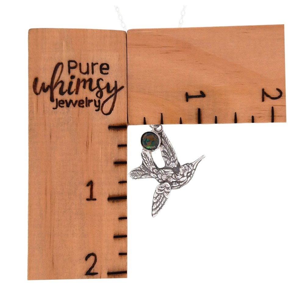 Hummingbird Necklace – Silver Black Opal Oxidized Pendant Necklace - 