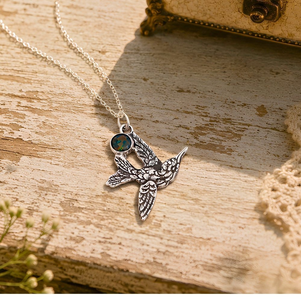 Hummingbird Necklace – Silver Black Opal Oxidized Pendant Necklace - 