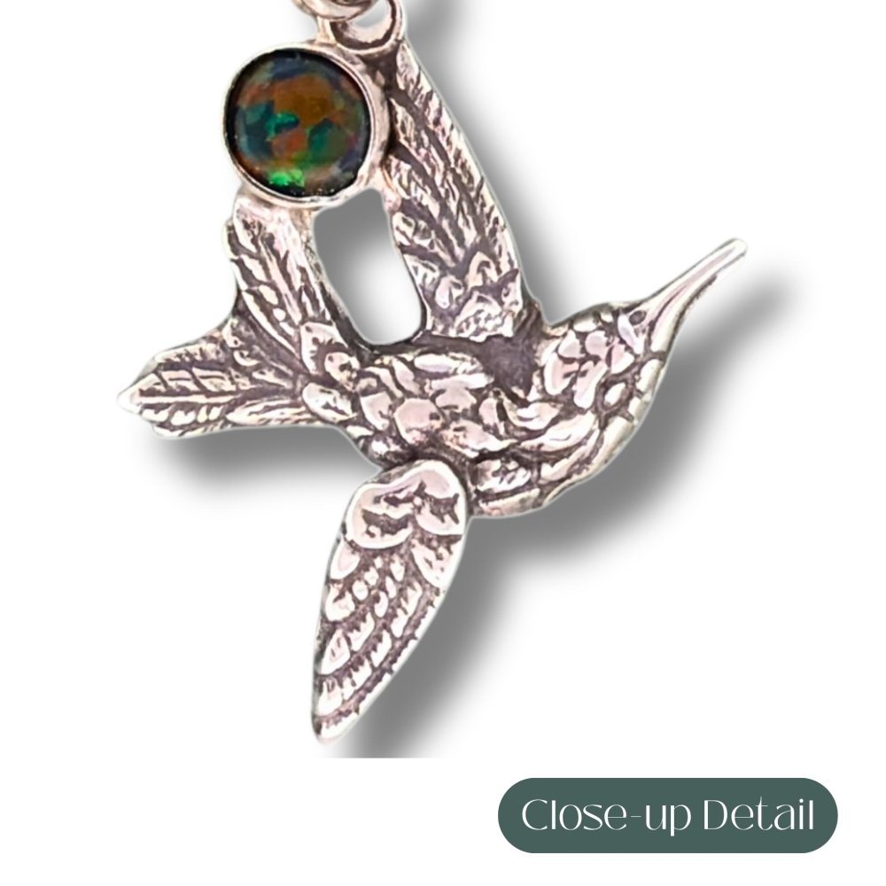 Hummingbird Necklace – Silver Black Opal Oxidized Pendant Necklace - 