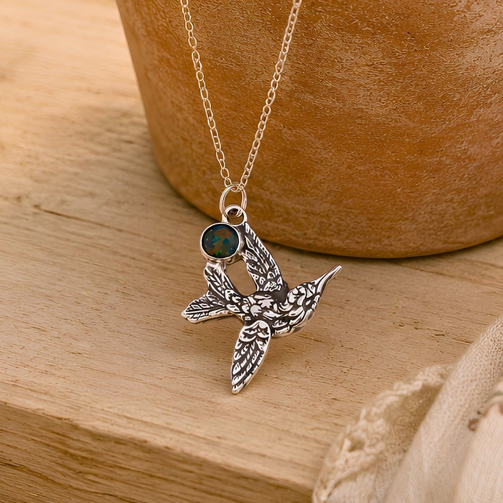 Hummingbird Necklace – Silver Black Opal Oxidized Pendant Necklace - 