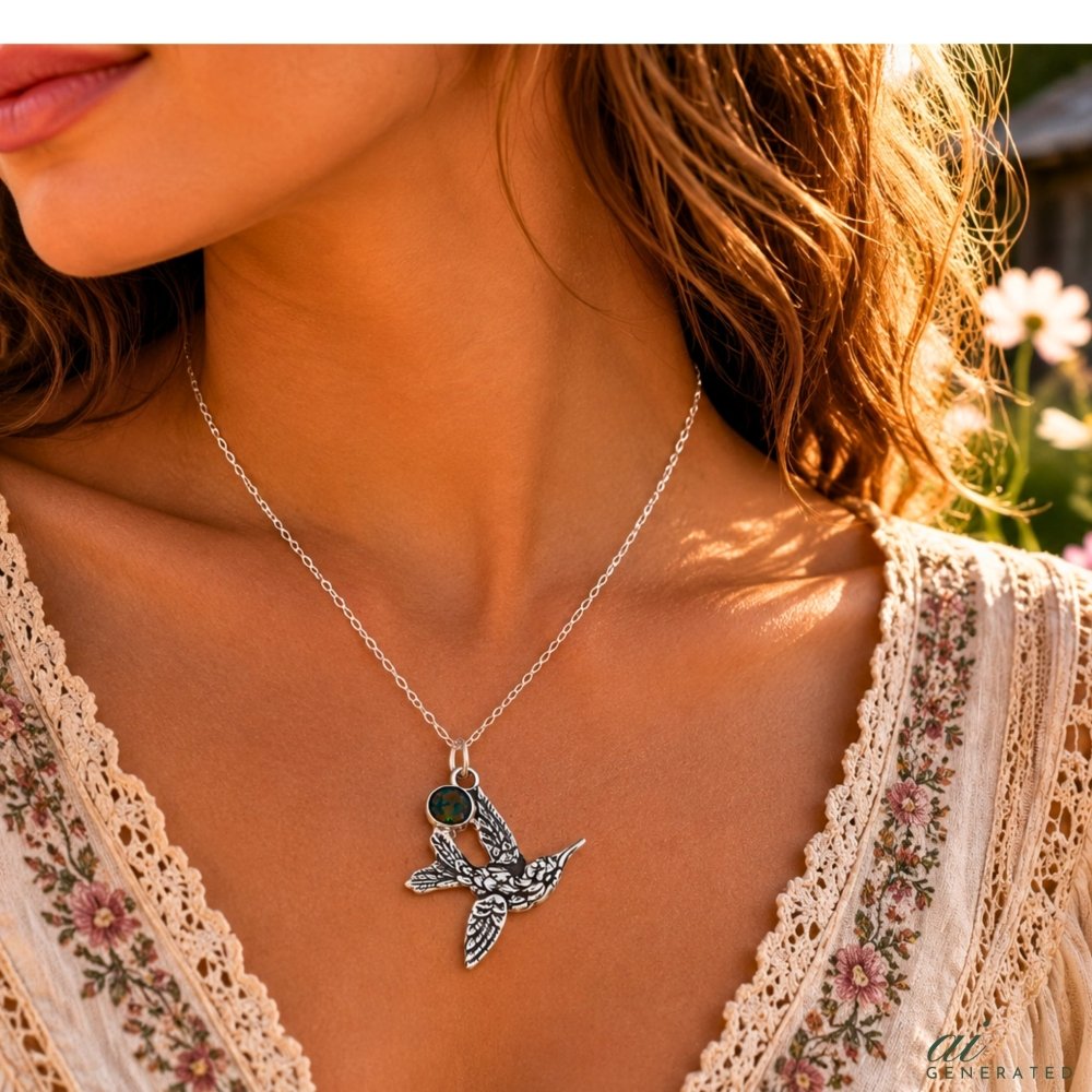 Hummingbird Necklace – Silver Black Opal Oxidized Pendant Necklace - 