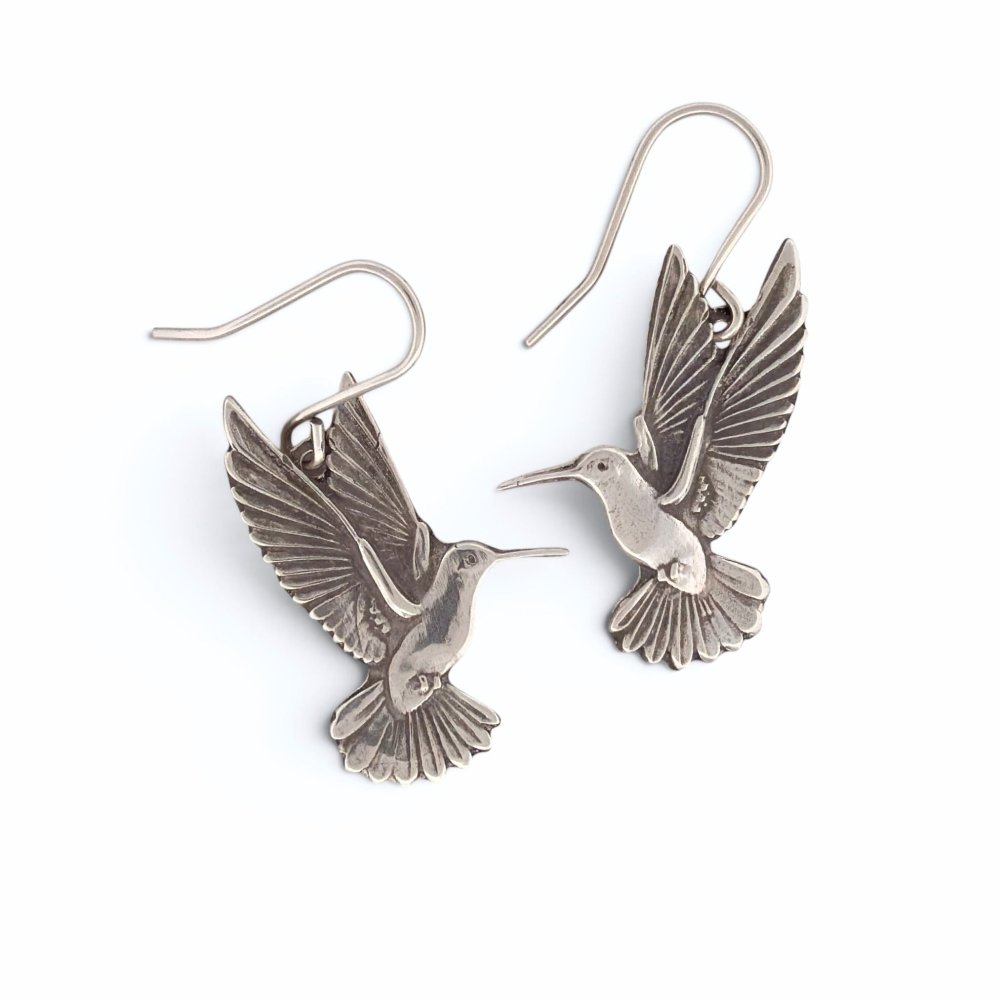 Hummingbird Whimsical Silver Earrings – Sterling Silver Handmade -