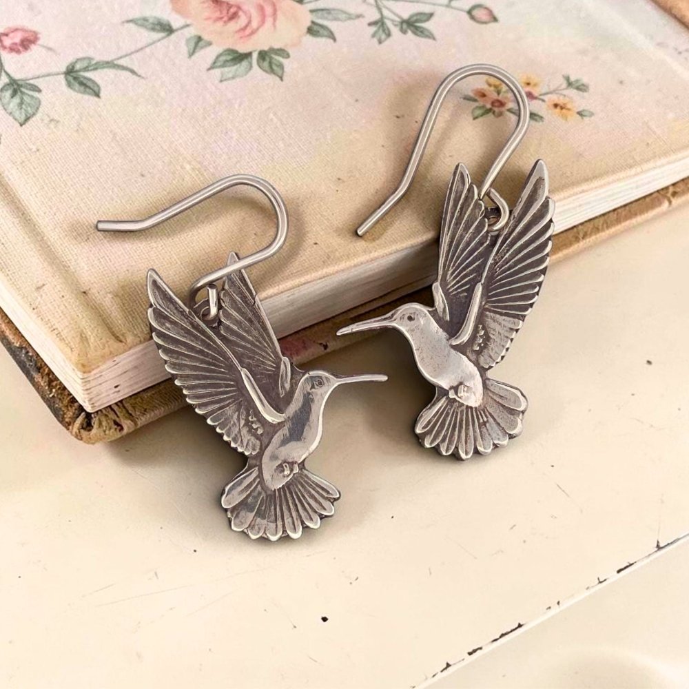 Hummingbird Whimsical Silver Earrings – Sterling Silver Handmade -