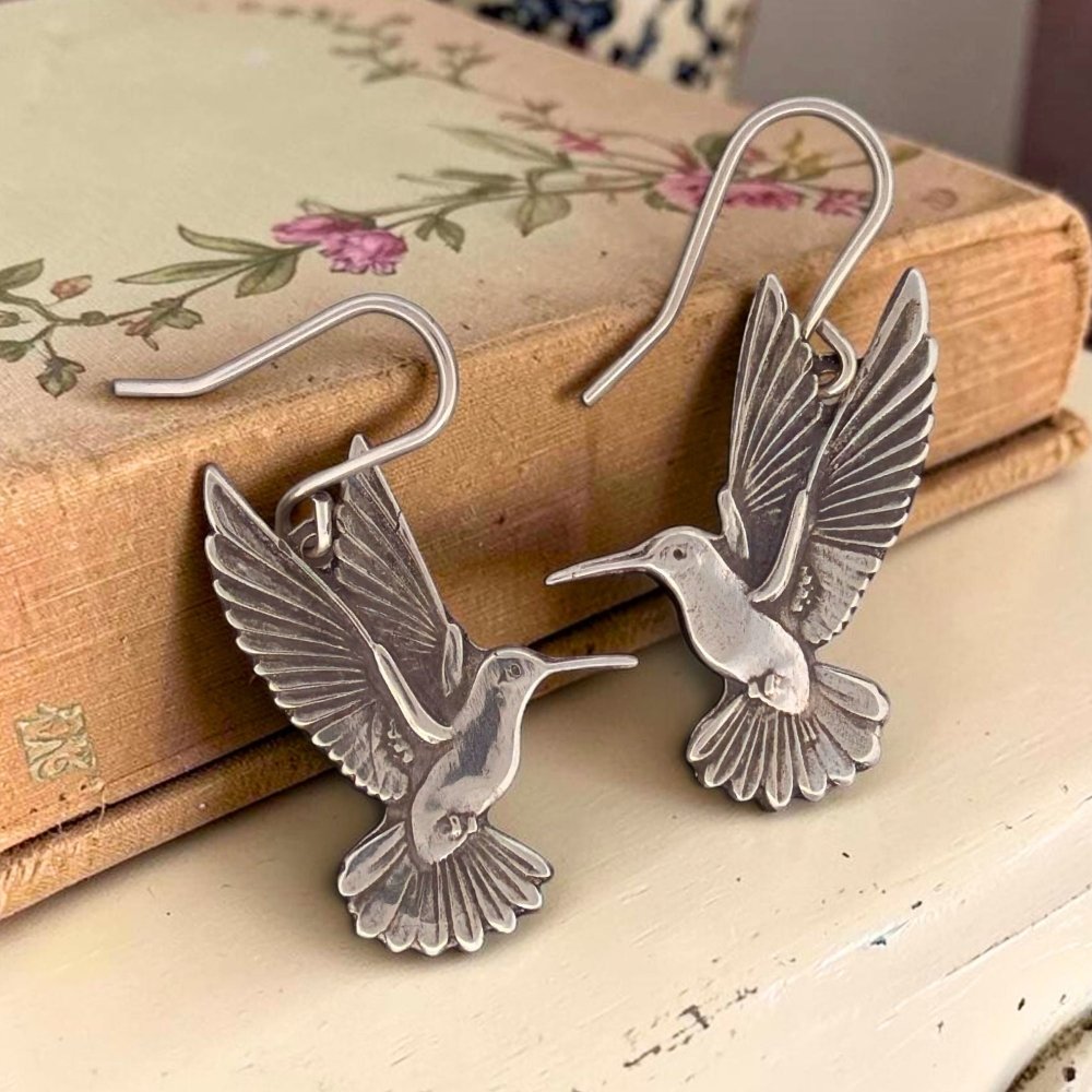 Hummingbird Whimsical Silver Earrings – Sterling Silver Handmade -