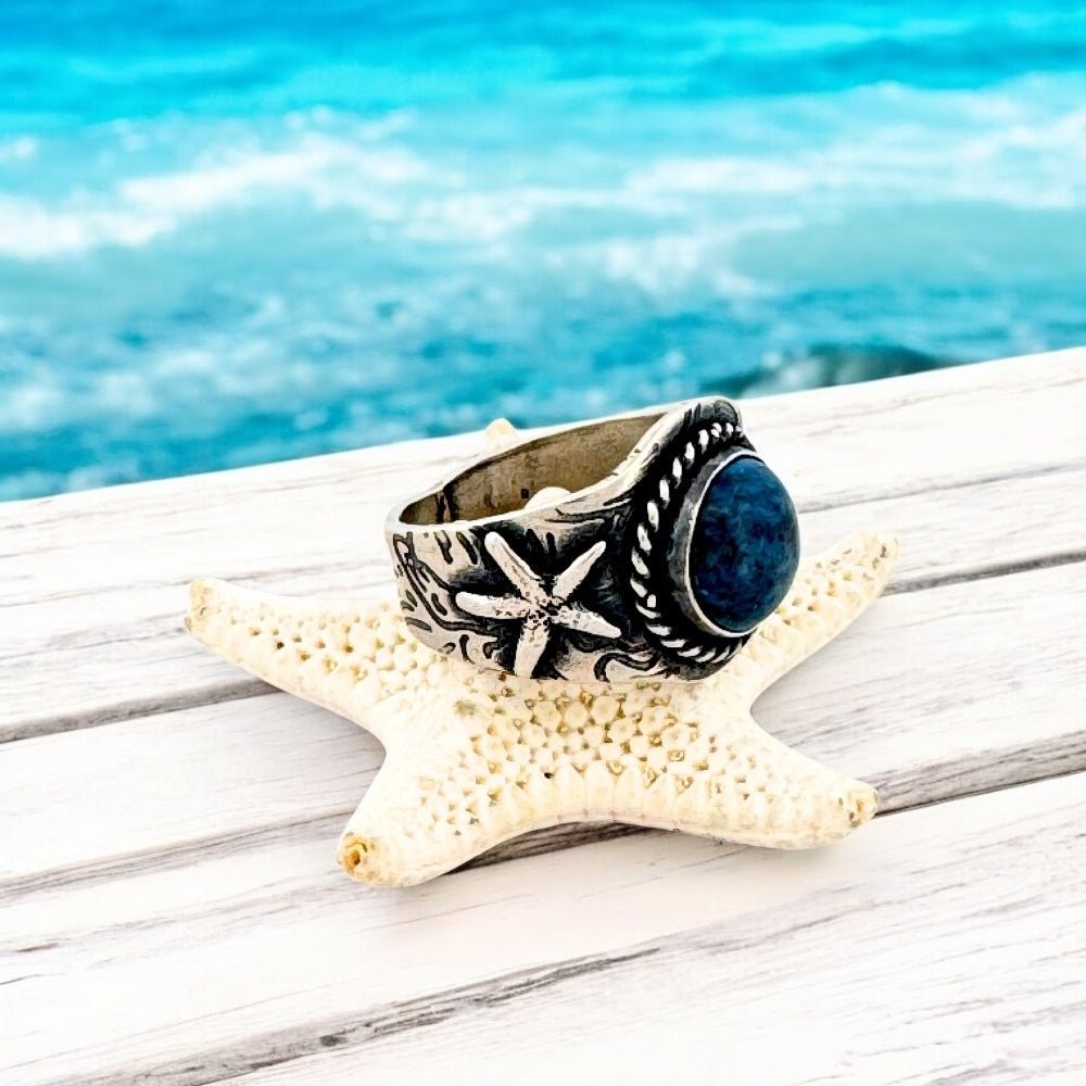 Lapis Starfish Silver Ring - 