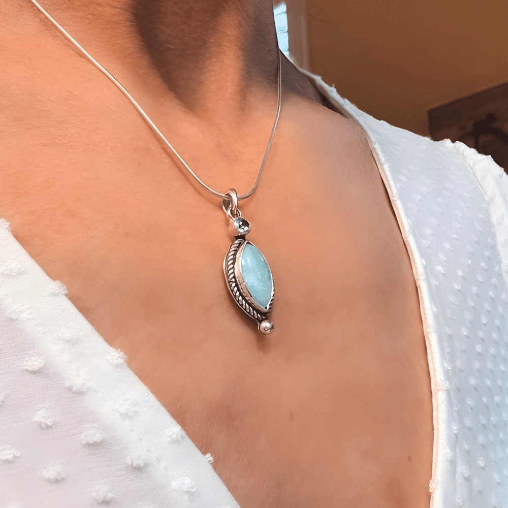 Larimar Aquamarine Silver Pendant Necklace - 
