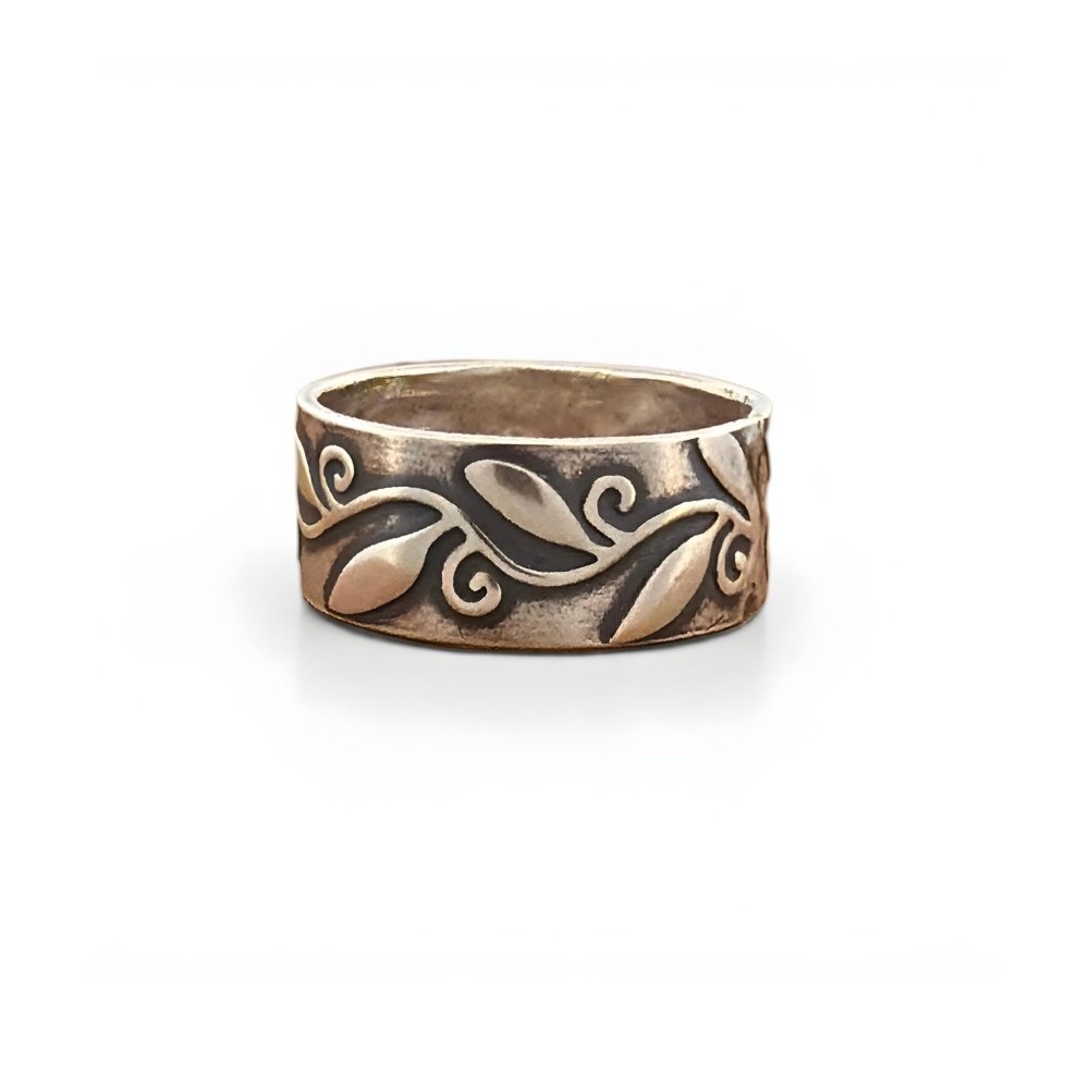 Leaf and Swirl Silver Band Ring - 