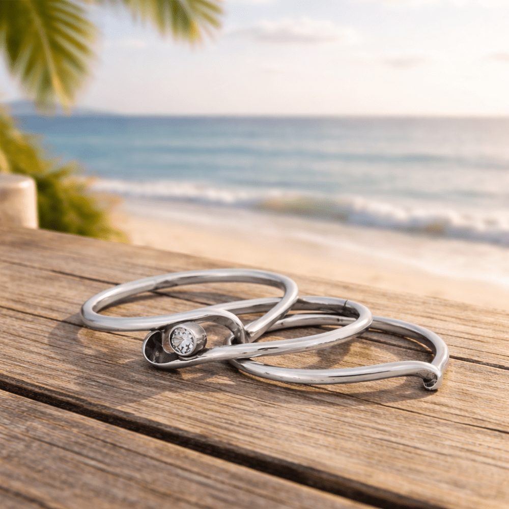 Silver Stackable Rings Ocean Hand-Hammered Silver Stacking Rings with Aquamarine – Pure Whimsy Jewelry