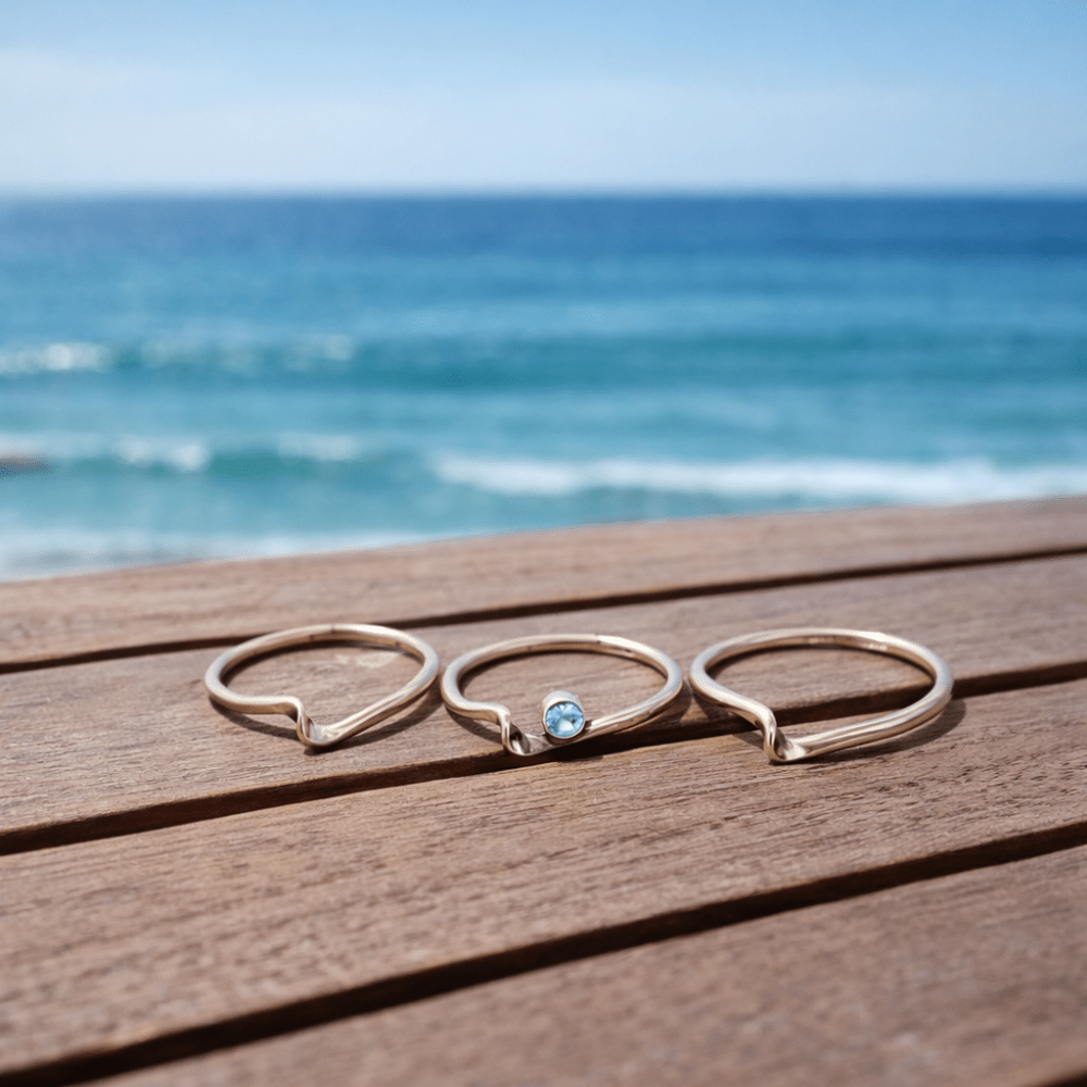 Stack Rings Minimalise Hand-Hammered Silver Stacking Rings with Aquamarine – Pure Whimsy Jewelry