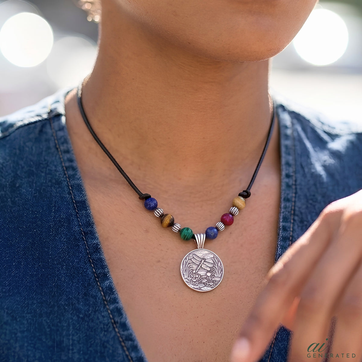 Artisan Dragonfly Jewelry Handmade Fine Silver Pendant Lotus Flower Design Nature Inspired Necklace One Inch Round Medallion Black Leather Cord Sterling Silver Chain Tigers Eye Beads Bohemian Style Accessory Spiritual Symbol Gift Elegant