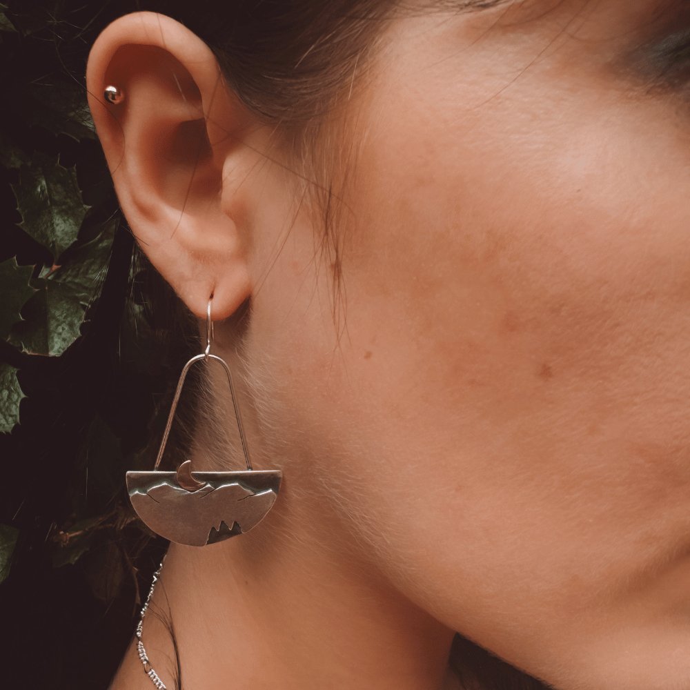 Modern quarter gold moon Mountain Silver Earrings - 