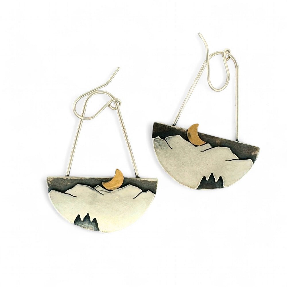 Modern quarter gold moon Mountain Silver Earrings - 