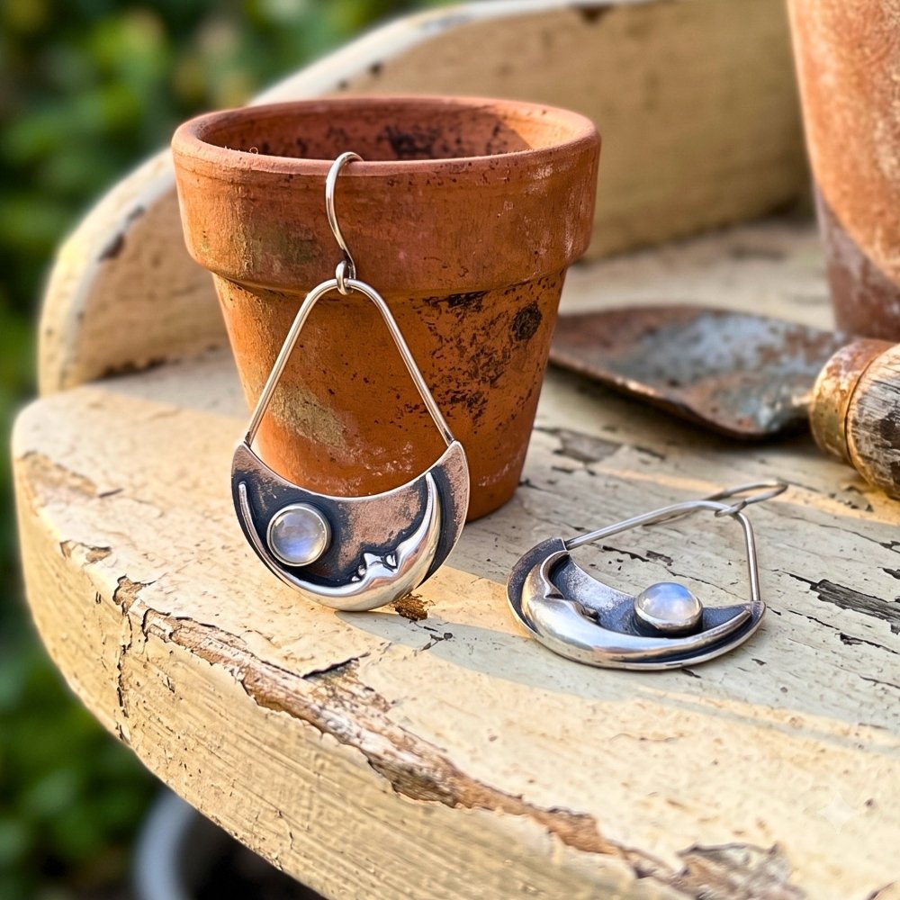 Moon face Moonstone Silver Earrings -