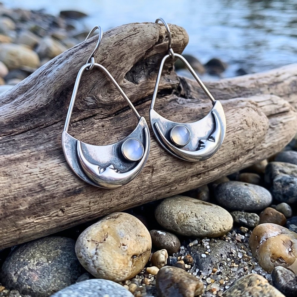 Moon face Moonstone Silver Earrings -