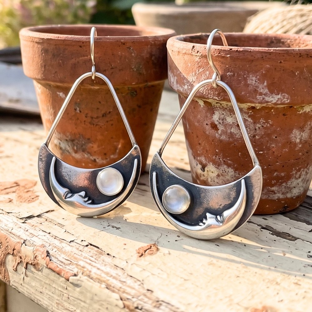 Moon face Moonstone Silver Earrings -