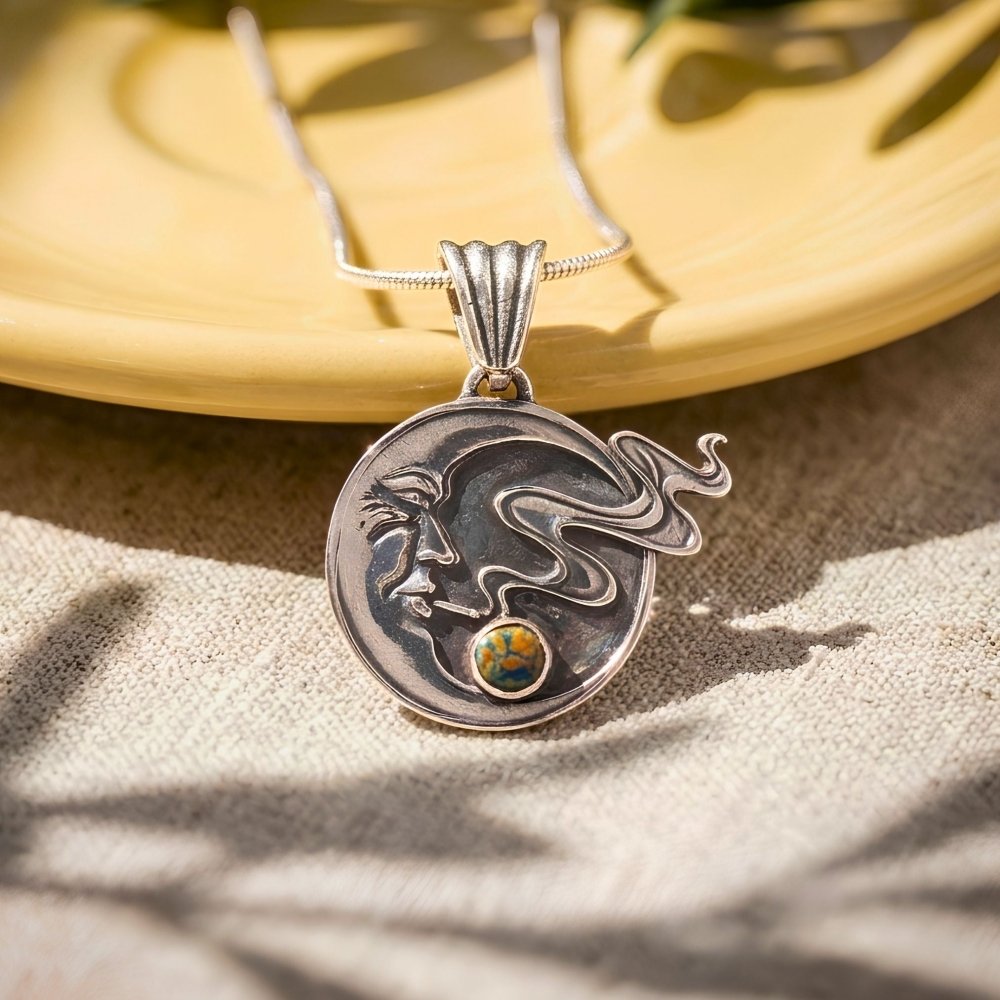 Moon Face Pendant Necklace – Handmade Celestial Silver with Black Opal -