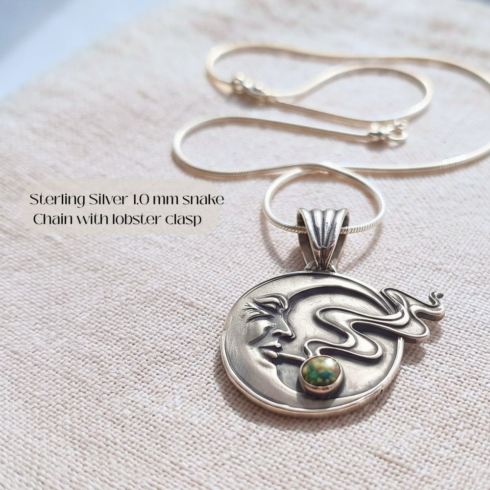 Moon Face Pendant Necklace – Handmade Celestial Silver with Black Opal -