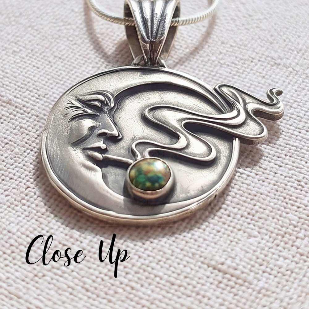 Moon Face Pendant Necklace – Handmade Celestial Silver with Black Opal -