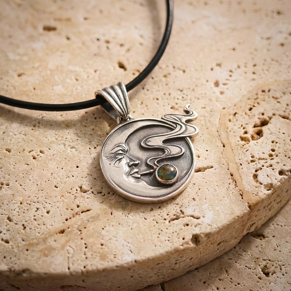 Moon Face Pendant Necklace – Handmade Celestial Silver with Black Opal -