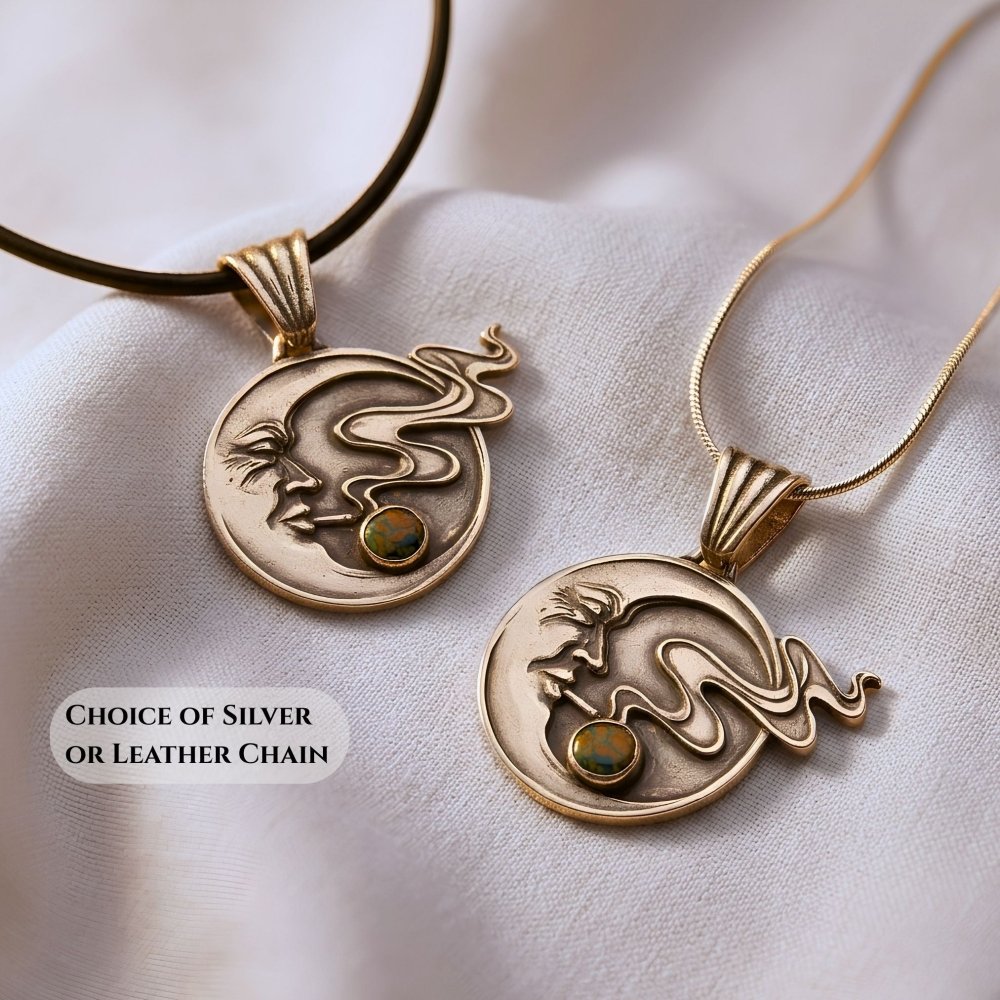 Moon Face Pendant Necklace – Handmade Celestial Silver with Black Opal -