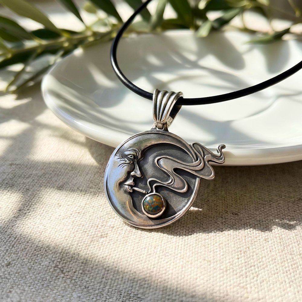 Moon Face Pendant Necklace – Handmade Celestial Silver with Black Opal -