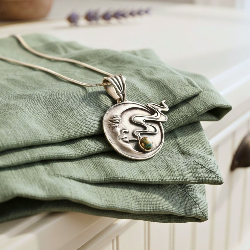 Moon Face Pendant Necklace – Handmade Celestial Silver with Black Opal -