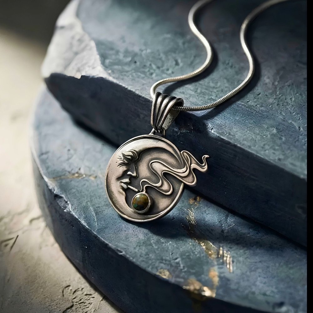 Moon Face Pendant Necklace – Handmade Celestial Silver with Black Opal -