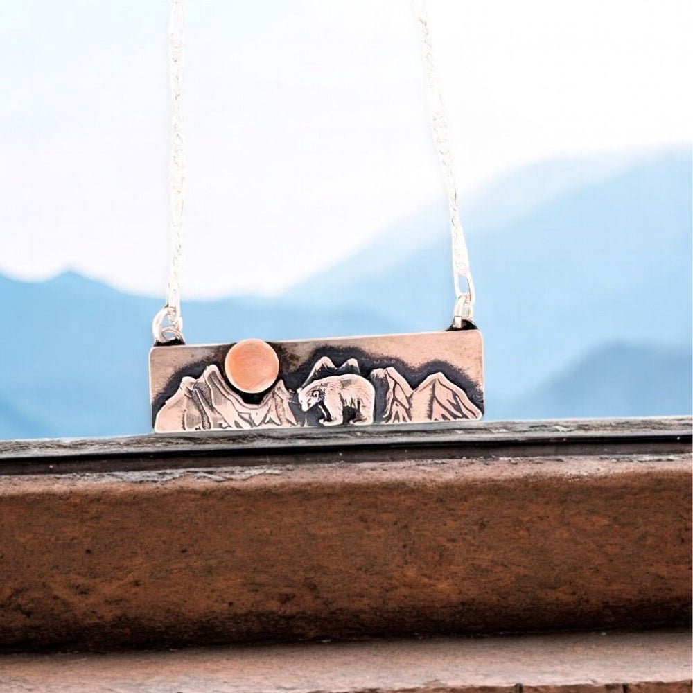 Mountain Bear Mixed Metal Silver and Gold Bar Necklace - 