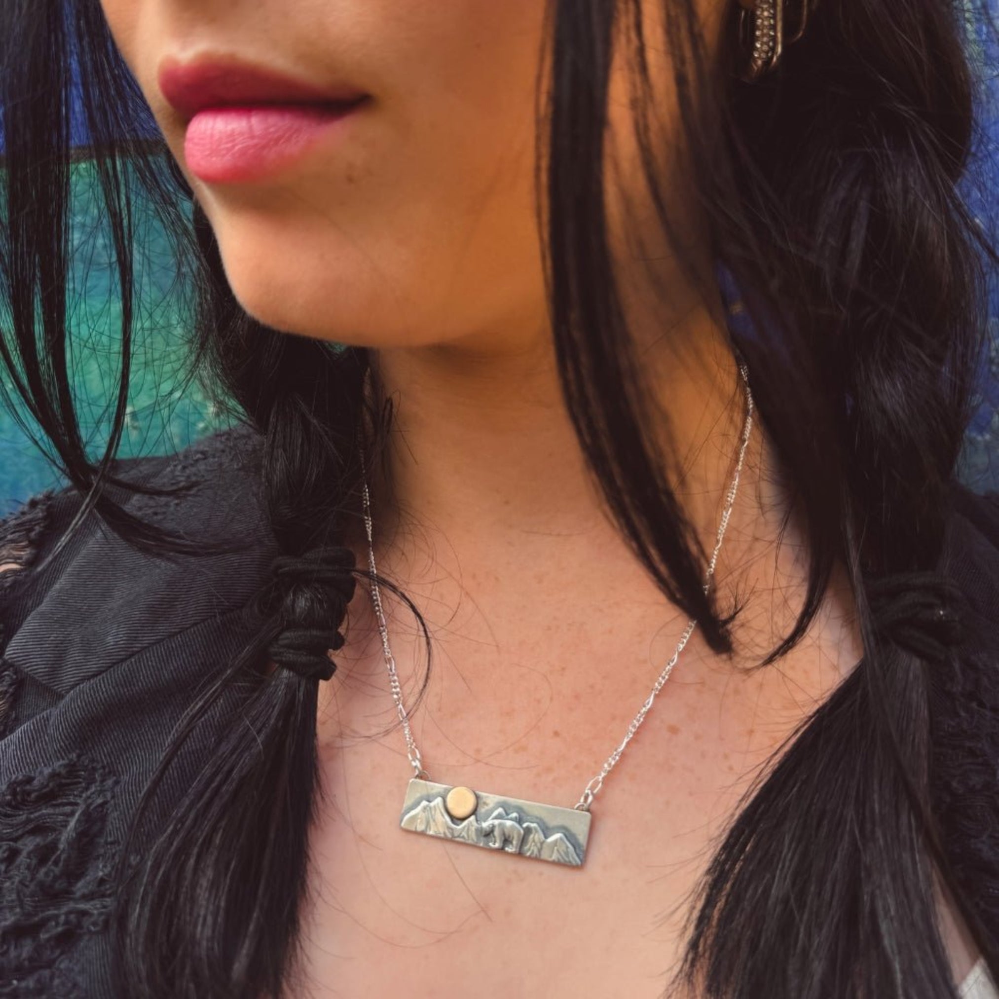 Mountain Bear Mixed Metal Silver and Gold Bar Necklace - 