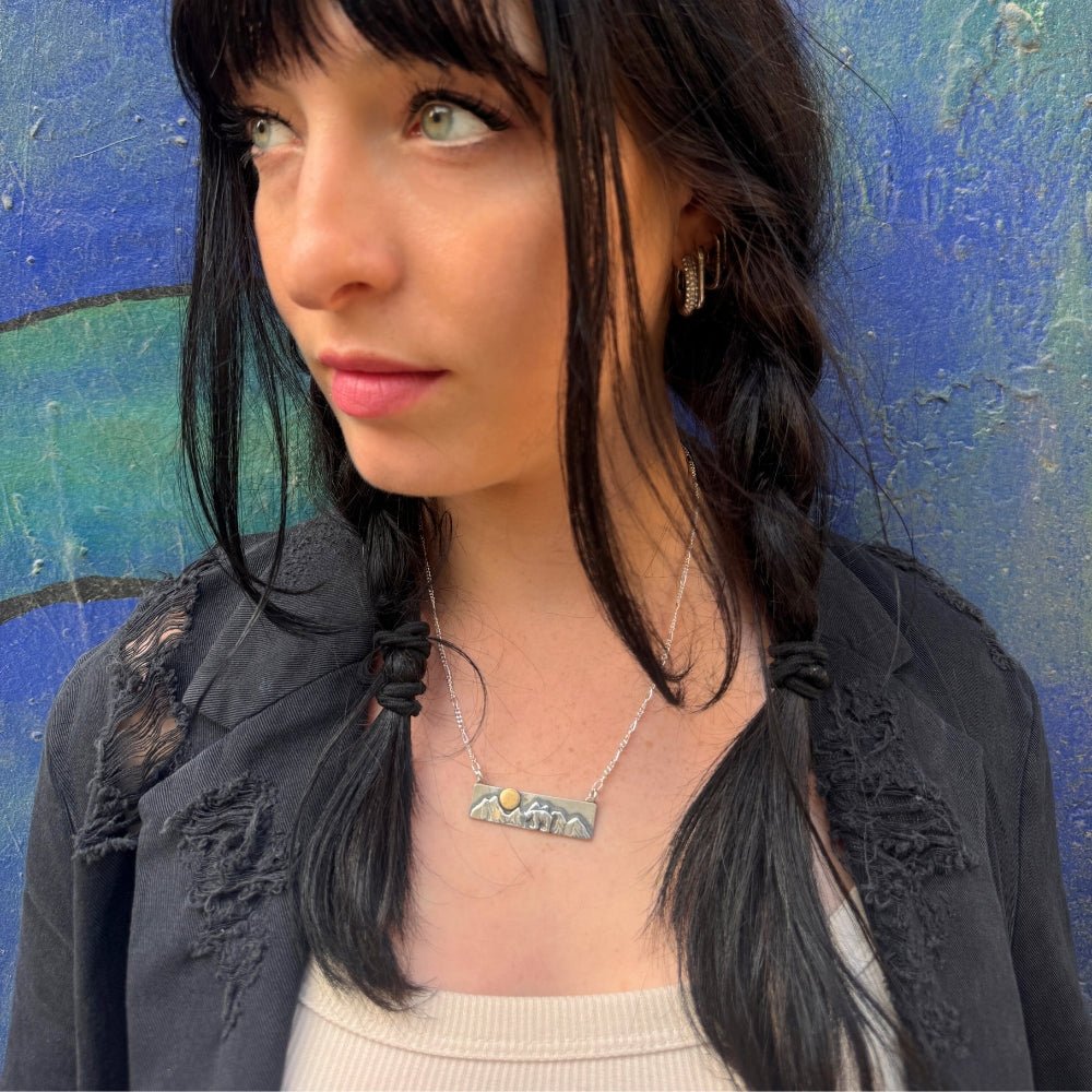 Mountain Bear Mixed Metal Silver and Gold Bar Necklace - 