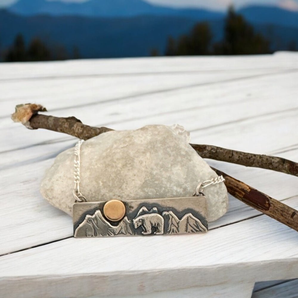 Mountain Bear Mixed Metal Silver and Gold Bar Necklace - 