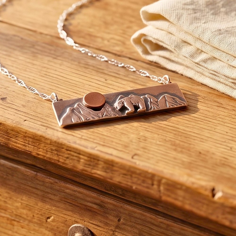 Mountain Bear Mixed Metal Silver and Gold Bar Necklace -
