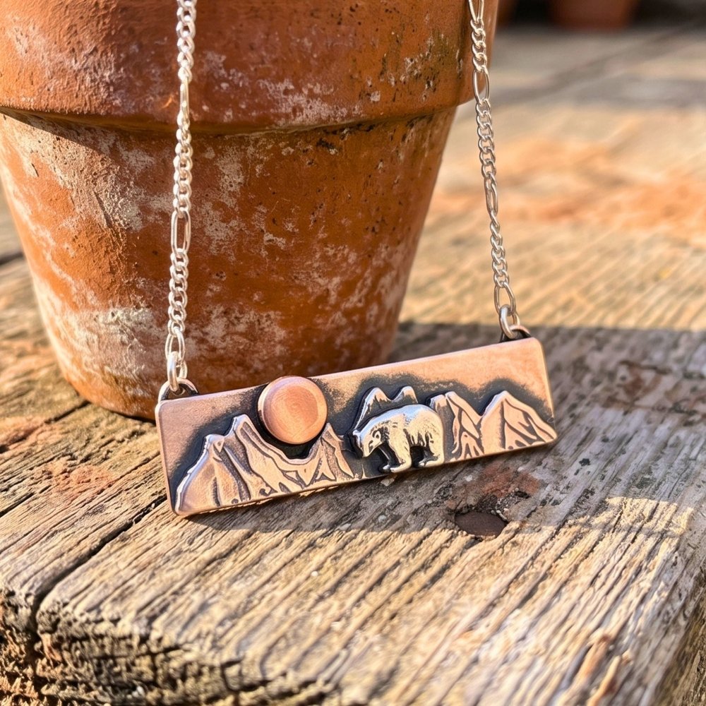 Mountain Bear Mixed Metal Silver and Gold Bar Necklace -