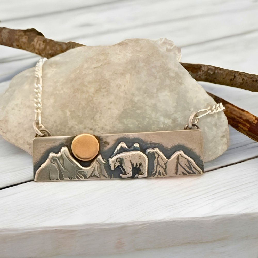 Mountain Bear Mixed Metal Silver and Gold Bar Necklace -