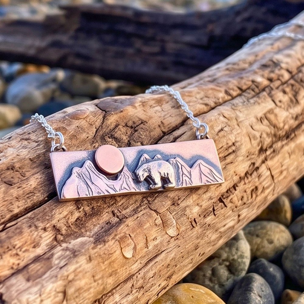 Mountain Bear Mixed Metal Silver and Gold Bar Necklace -