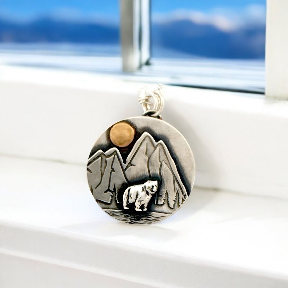 Mountain Bear Mixed metal silver gold pendant Necklace - 