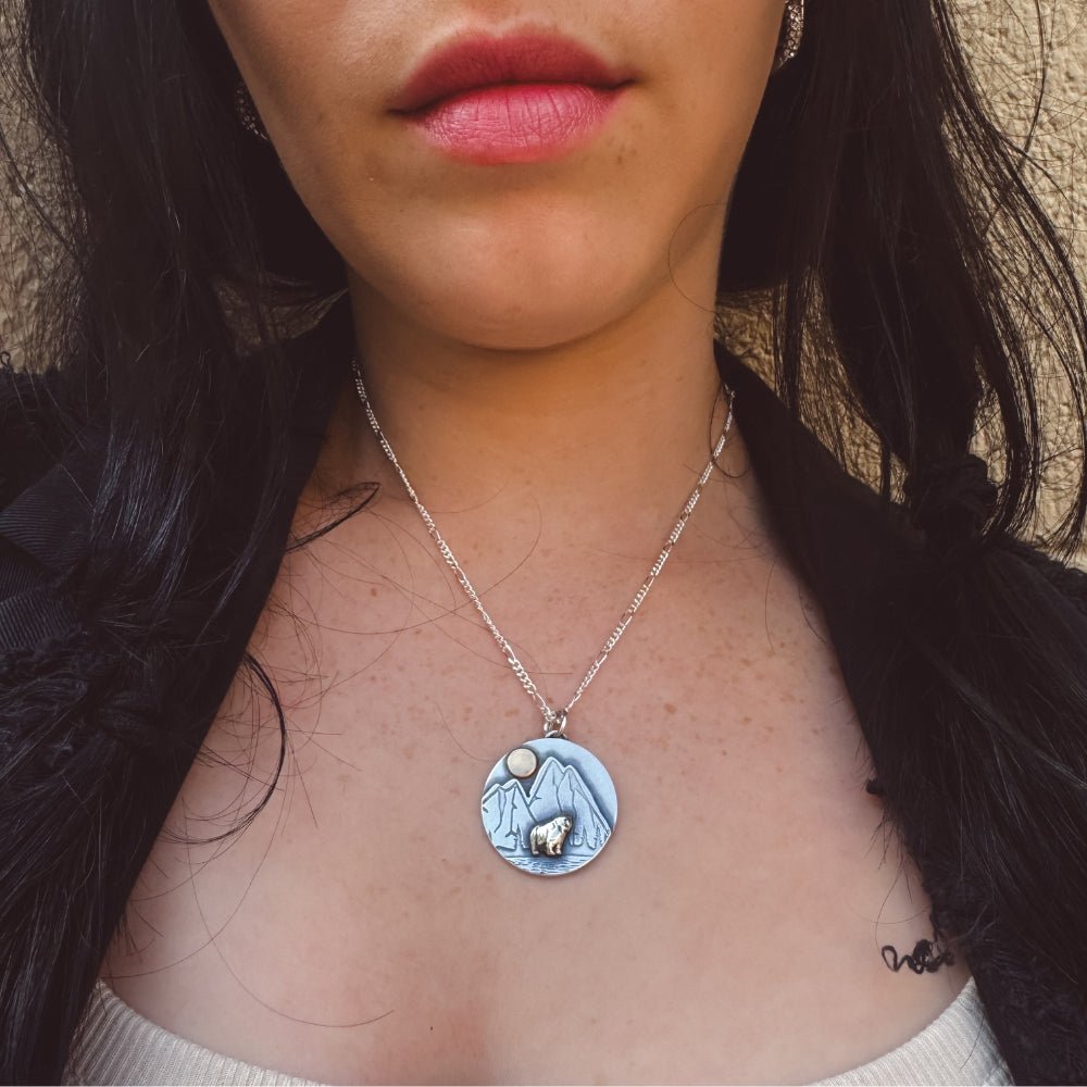 Mountain Bear Mixed metal silver gold pendant Necklace - 