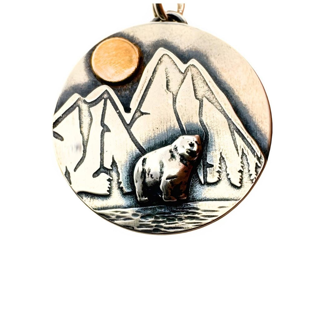 Mountain Bear Mixed metal silver gold pendant Necklace - 