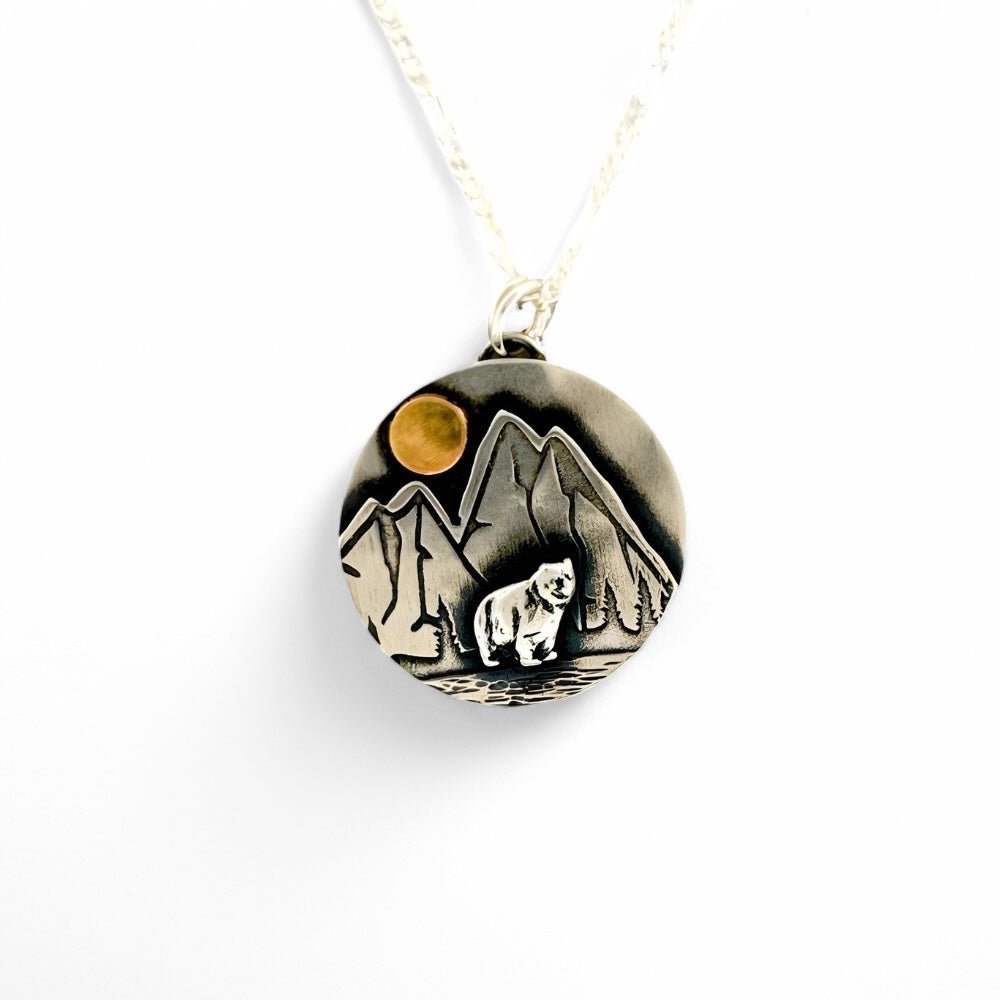 Mountain Bear Mixed metal silver gold pendant Necklace - 